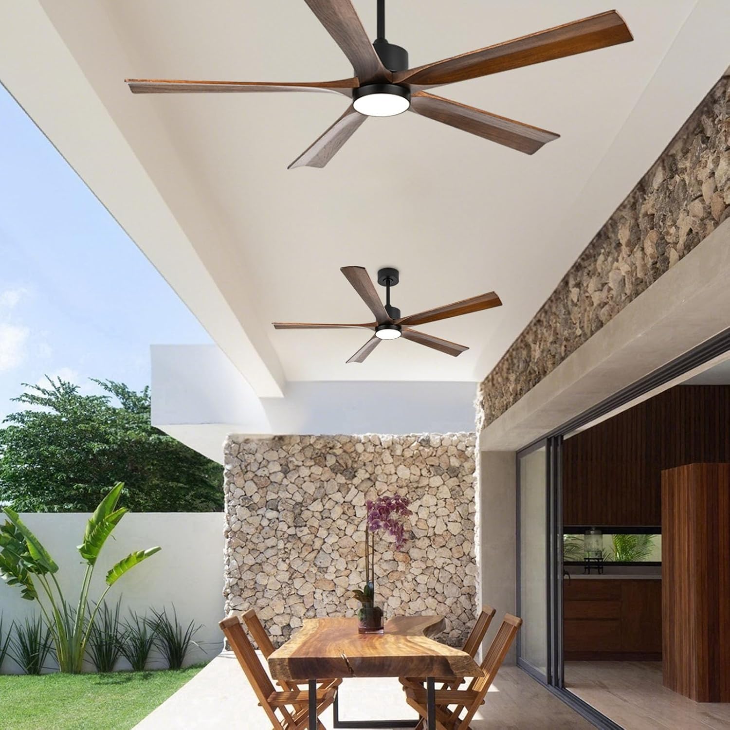 heimo 60 Inch Ceiling Fans with Lights and Remote T2, Wood Indoor Outdoor Ceiling Fan with Light for Patios Living Room Bedroom 5 Blades Large Mid Century Modern Waterproof Outside Fan (Walnut)