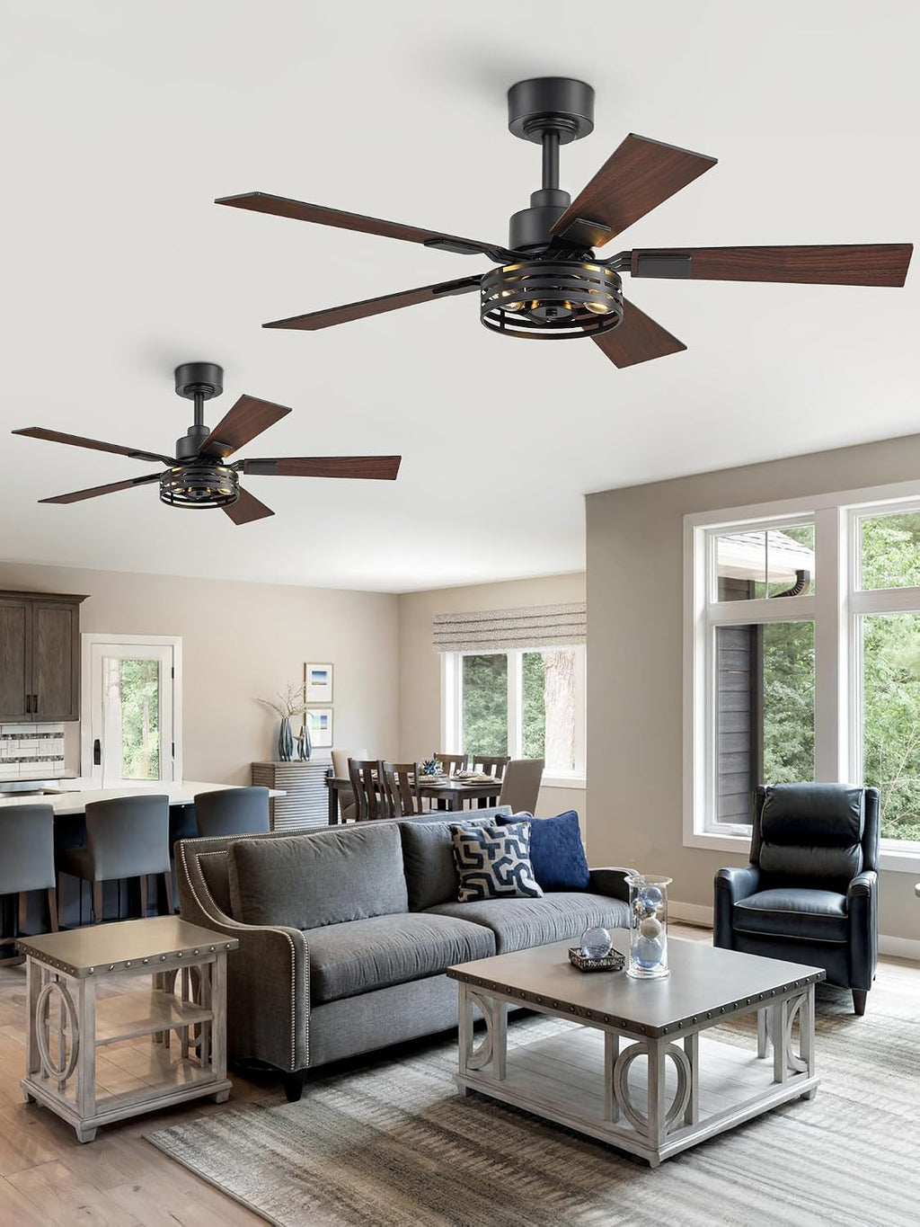 42 Inch Farmhouse Ceiling Fan with Lights 2 Pack, Rustic Black Ceiling Fans with Remote, 5 Dual Finish Blades, Quiet 6 Speed Reversible DC Motor, Caged Industrial Fan for Bedroom, Living Room, Patio