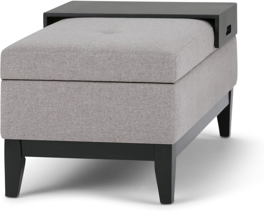 SIMPLIHOME Oregon Storage Ottoman Bench with Tray - 42 inch Wide Upholstered Linen Look Fabric Rectangle Storage Ottoman Bench in Cloud Grey, Transitional Tufted Ottoman for Living Room with Lift Top