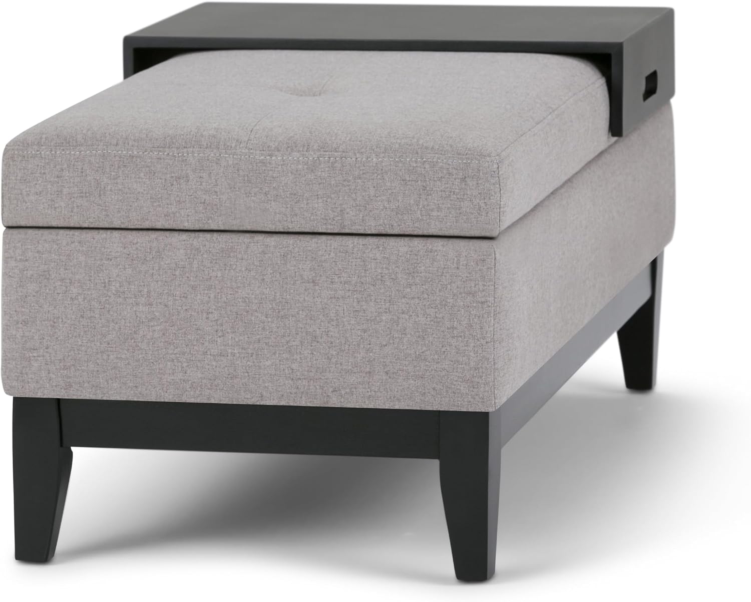 SIMPLIHOME Oregon Storage Ottoman Bench with Tray - 42 inch Wide Upholstered Linen Look Fabric Rectangle Storage Ottoman Bench in Cloud Grey, Transitional Tufted Ottoman for Living Room with Lift Top