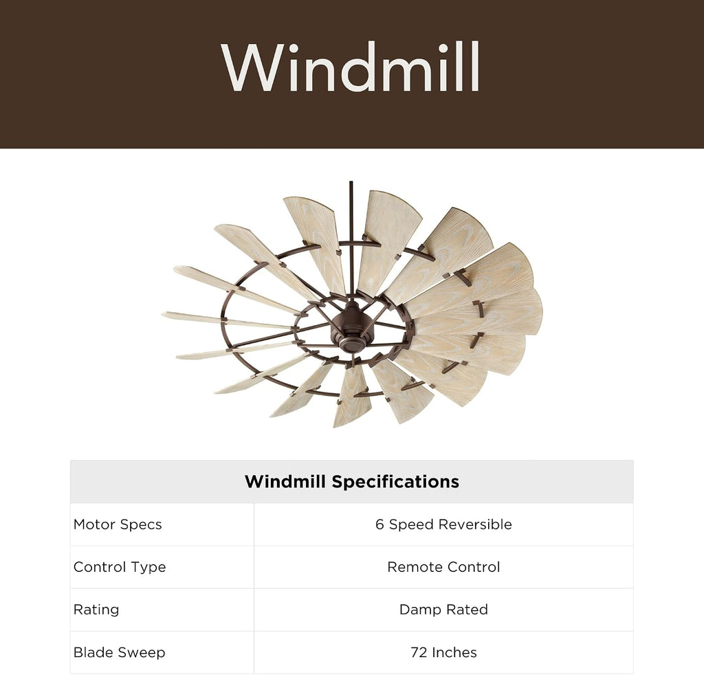 Quorum 196015-86 Windmill 60 Inch Ceiling Fan | 15 Blade Wagon Wheel Design | 6 Speed Reversible DC Motor | Remote Control Included | Damp Rated Fan | Weathered Oak Blades | Oiled Bronze Finish