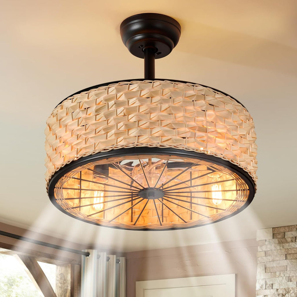 19.7in Boho Ceiling Fan with Lights Bamboo Caged Fan Lighting Rattan Fandelier Wicker Ceiling Light with Fans for Bedroom Kitchen Island Nursery Dining Living Room, Remote 6 Speeds E26 Base
