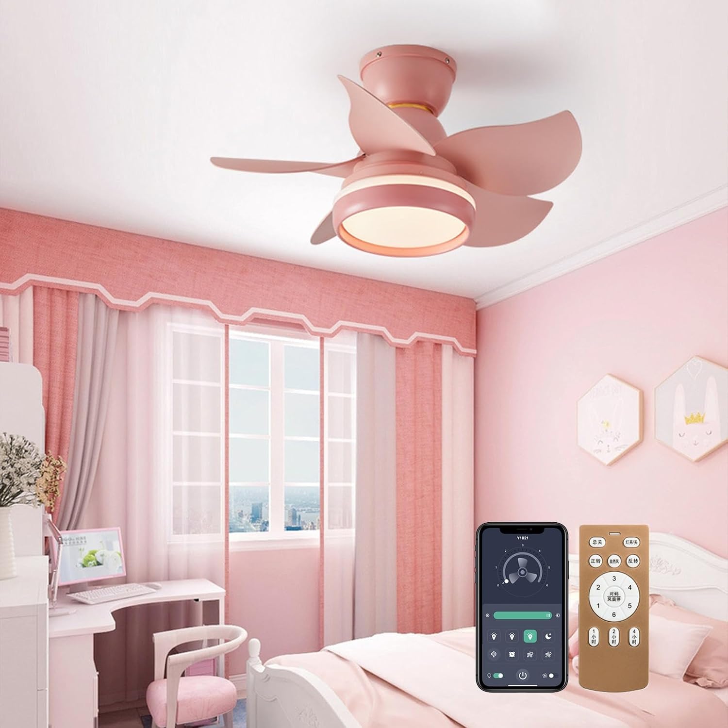 Ceiling Fans with Lights, Fans with Lights and Remote/APP Control, Modern Flush Mount Ceiling Fan, with 5 Reversible Blades 3 Colors Dimmable 6 Speeds Ceiling Fan for Bedroom/Kitchen/Dining Room/Patio