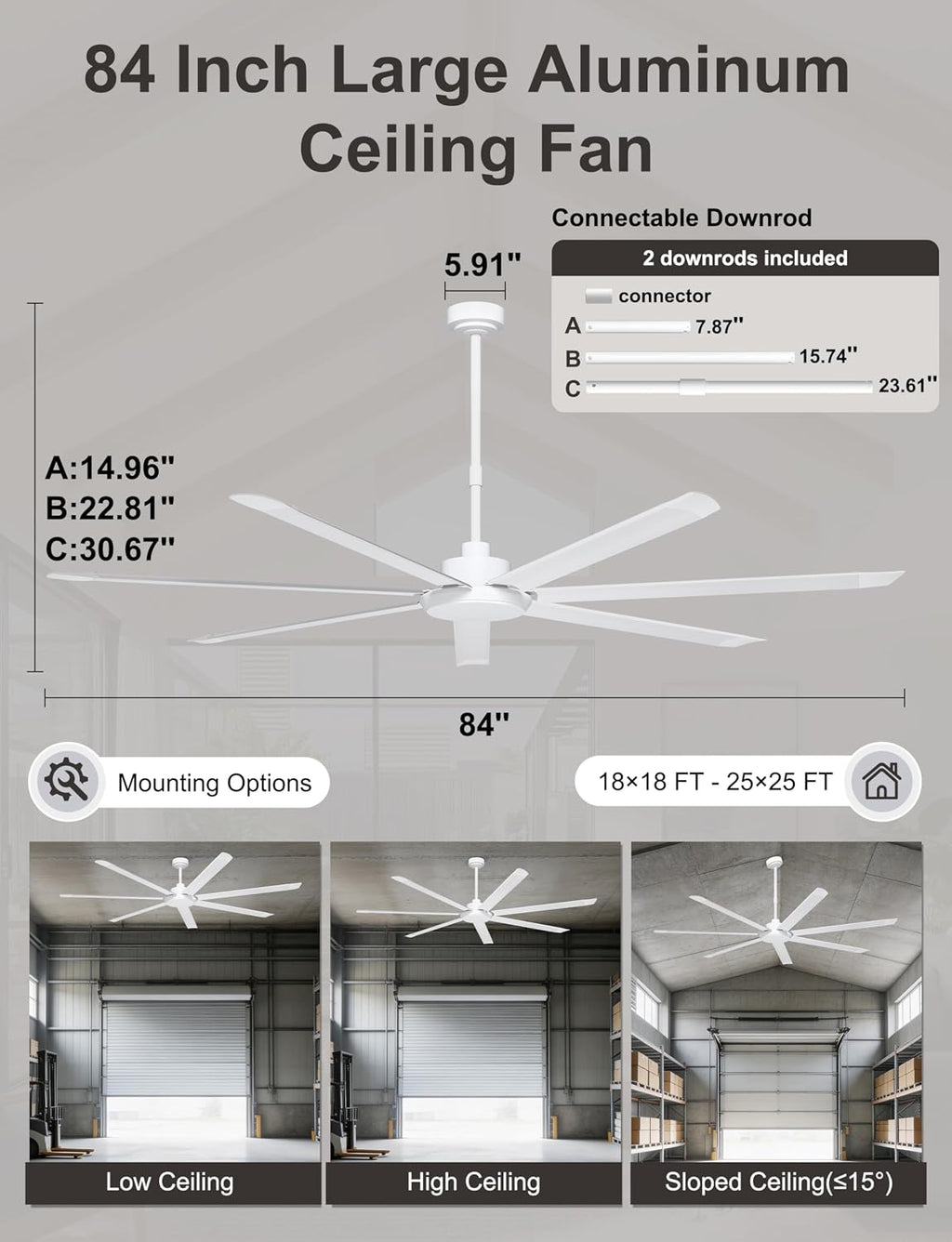 Ohniyou 84'' Large Ceiling Fan with Lights, High CFM Industrial Ceiling Fan Remote/APP Control, 7 Aluminum Blades, 3CCT, for Warehouse, Shop, Garage, White