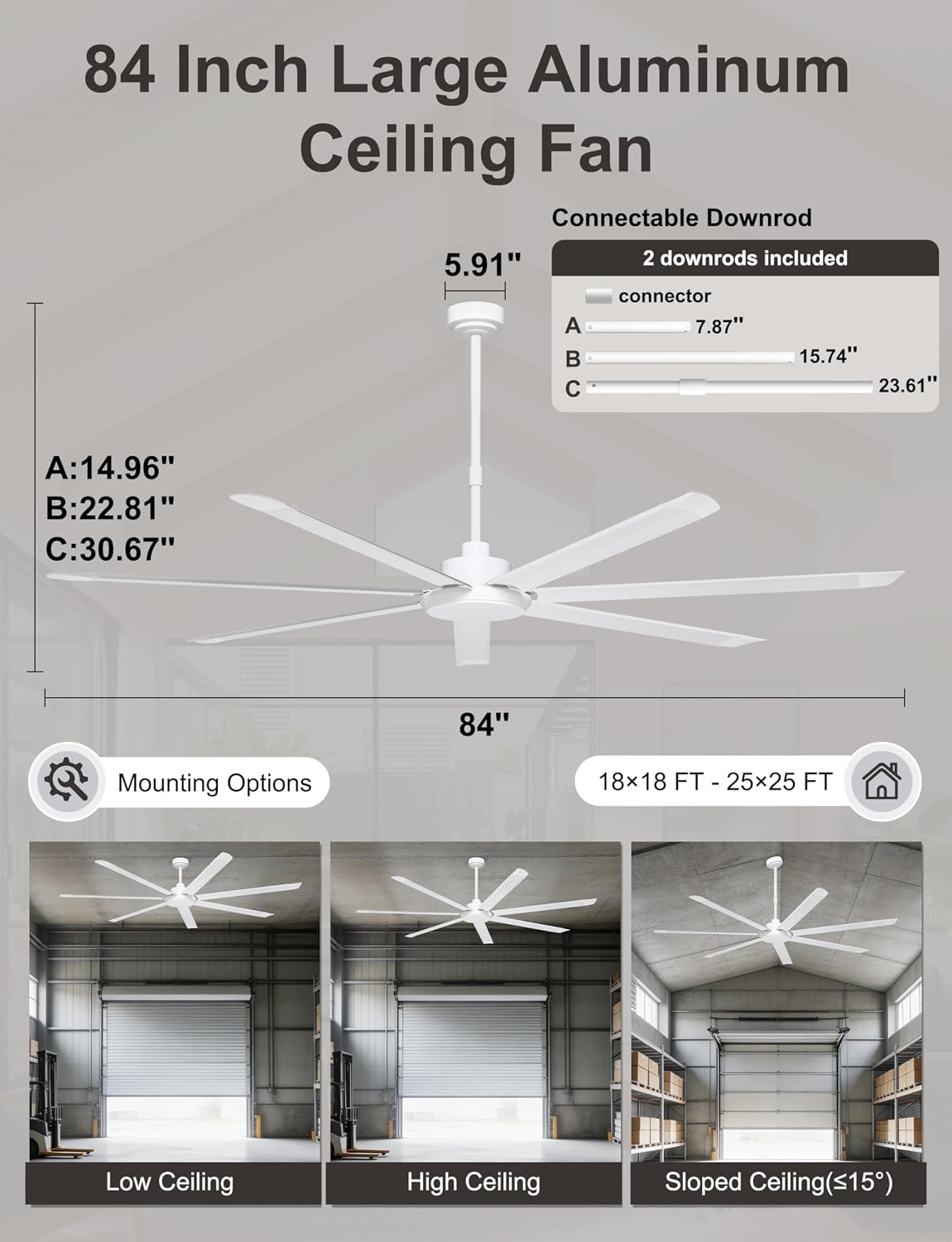 Ohniyou 84'' Large Ceiling Fan with Lights, High CFM Industrial Ceiling Fan Remote/APP Control, 7 Aluminum Blades, 3CCT, for Warehouse, Shop, Garage, White