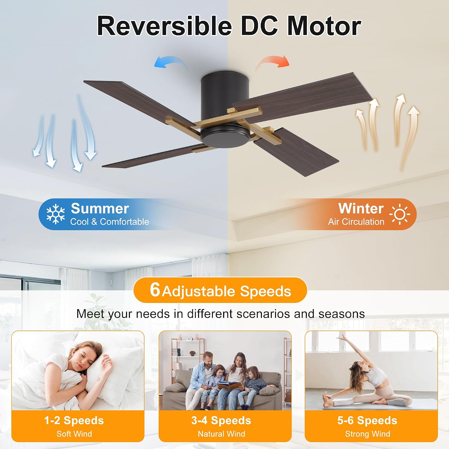 WINGBO 48 Inch Flush Mount Ceiling Fan without Light - 4 Plywood Blades, 6-Speed Reversible DC Motor, Noiseless Low Profile Ceiling Fan No Light for Bedroom Living Room, Gold and Black/Walnut