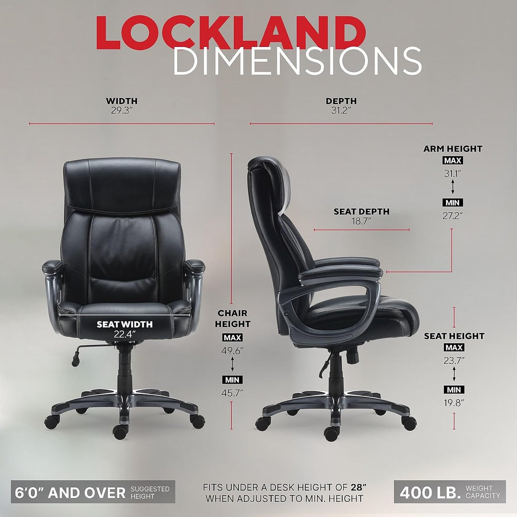 STAPLES Lockland Ergonomic Managers Office Chair, Big & Tall Cushioned, Adjustable Height, Metal Frame, Bonded Leather, for Workspace, Home, or Gaming, Black
