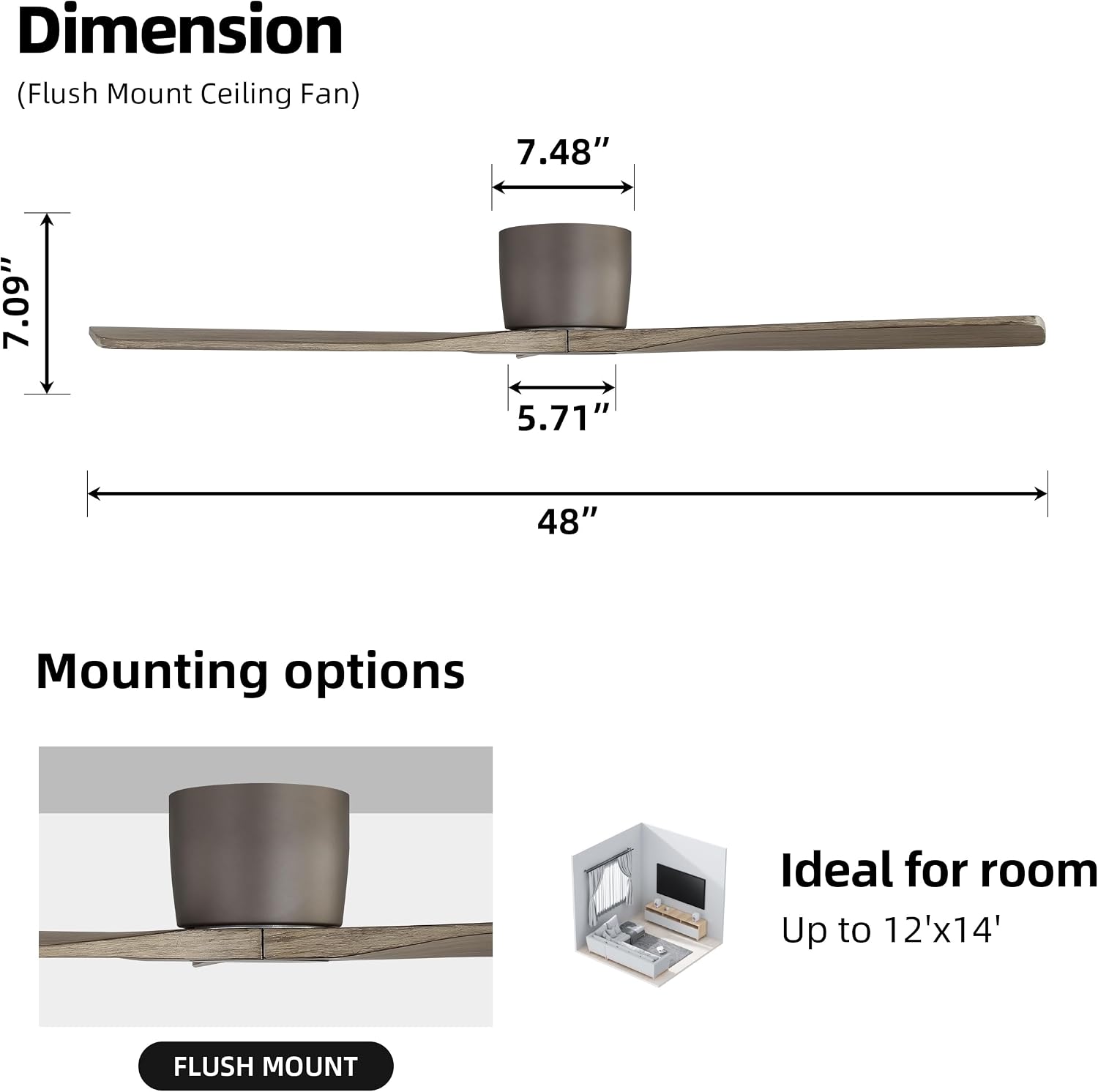 WINGBO 48 Inch Flush Mount DC Ceiling Fan without Lights, 3 Carved Wood Blades, 6-Speed Noiseless Reversible DC Motor, Hugger Ceiling Fan No Lights in Graphite Finish with Gray Blades, ETL Listed