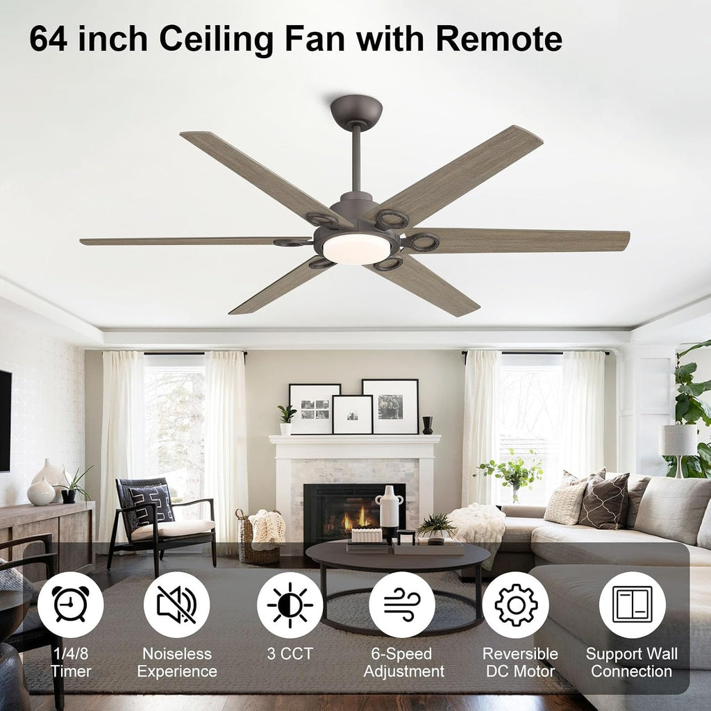 WINGBO Ceiling Fan with Lights - 64 inch Ceiling Fan with Remote,3CCT, Dimmable Light,6 Blades Modern Ceiling Fan, 6-Speed Noiseless Powerful DC Motor, ETL Listed, Indoor/Outdoor, Charcoal gray +Light