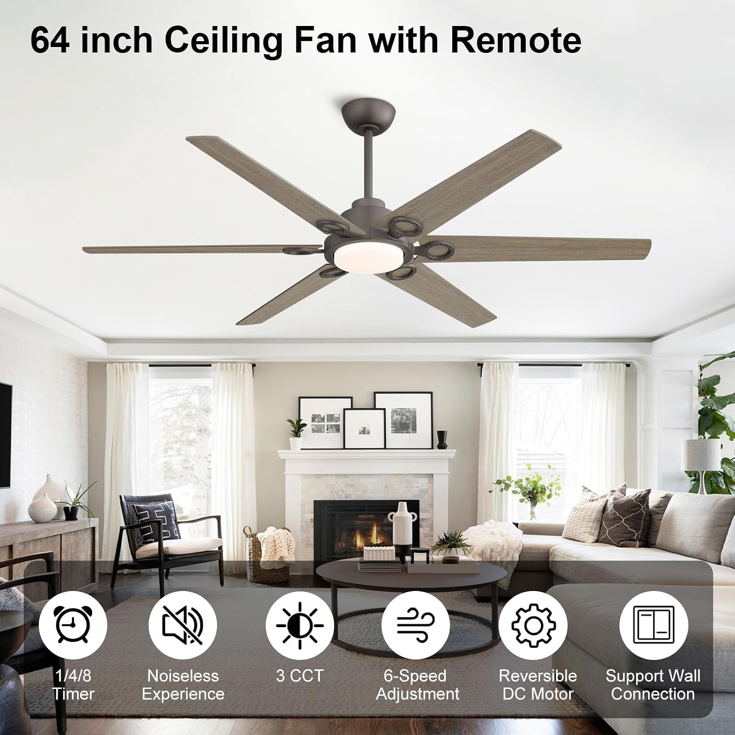 WINGBO Ceiling Fan with Lights - 64 inch Ceiling Fan with Remote,3CCT, Dimmable Light,6 Blades Modern Ceiling Fan, 6-Speed Noiseless Powerful DC Motor, ETL Listed, Indoor/Outdoor, Charcoal gray +Light