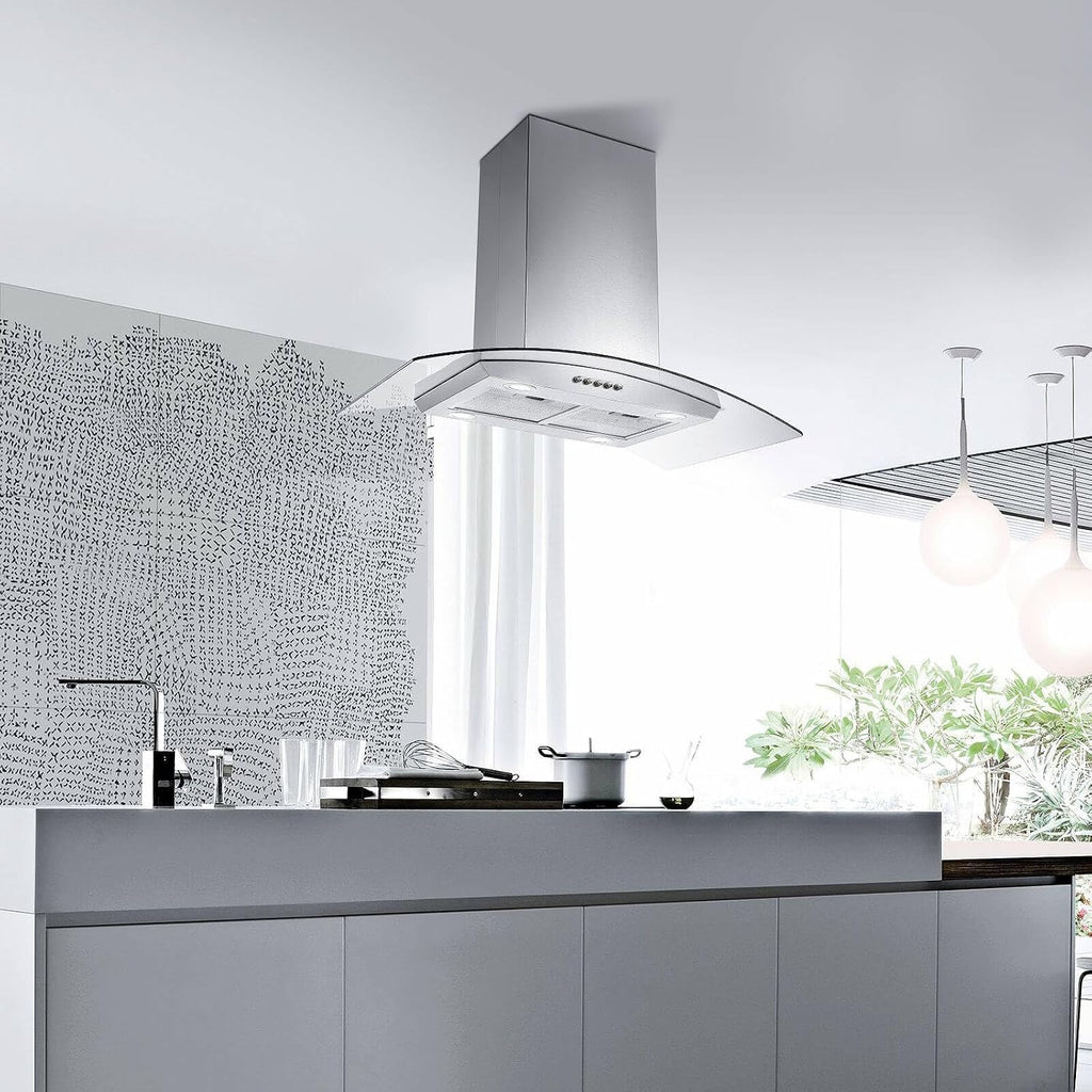 JOEAONZ Island Range Hood 36 inch 700 CFM, Ceiling Mount Kitchen Vent Hood Ducted/Ductless Convertible, 4 LED Lights 5-Layer Filters Extractor Stove Exhaust Fan, Curved Tempered Glass Stainless Steel