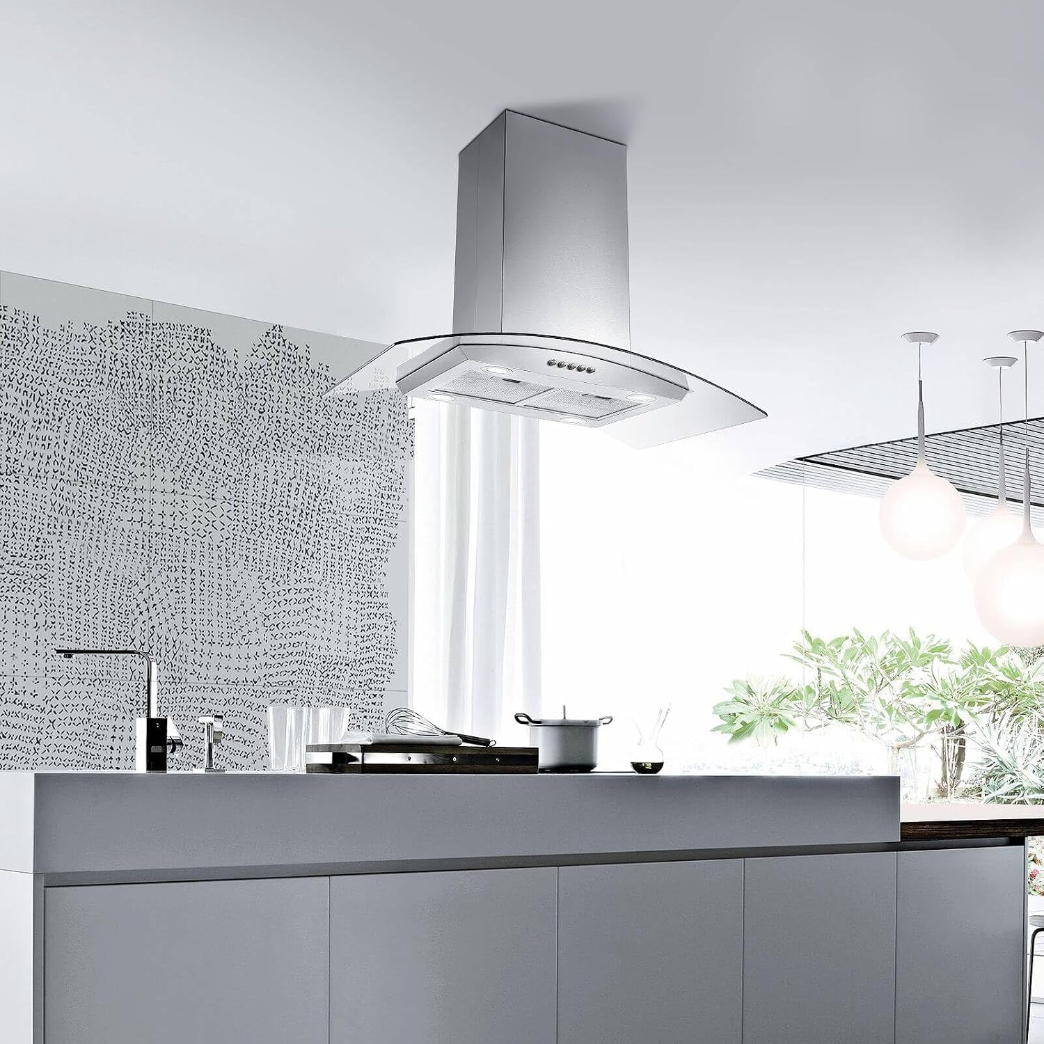 JOEAONZ Island Range Hood 36 inch 700 CFM, Ceiling Mount Kitchen Vent Hood Ducted/Ductless Convertible, 4 LED Lights 5-Layer Filters Extractor Stove Exhaust Fan, Curved Tempered Glass Stainless Steel