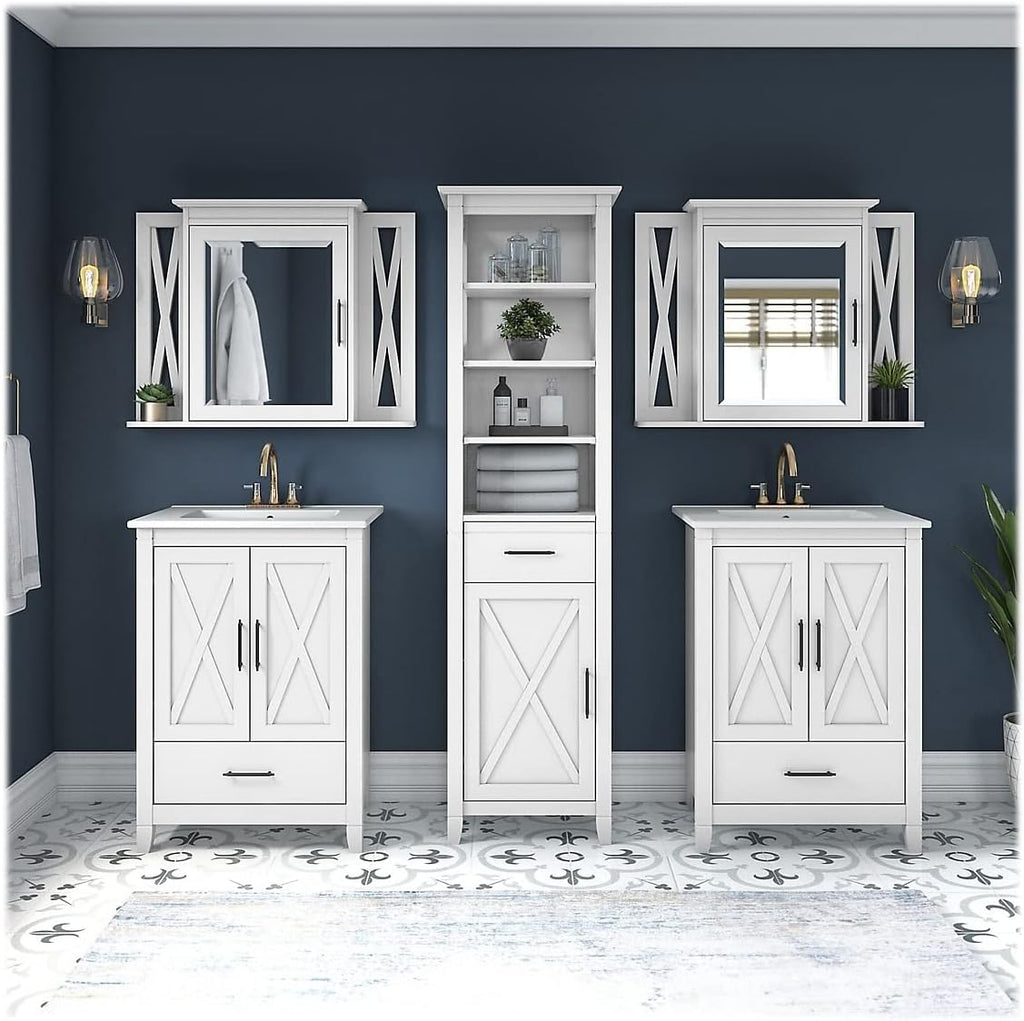 Bush Home Key West 48W Double Vanity Set with Sinks, Medicine Cabinets and Linen Tower in White Ash