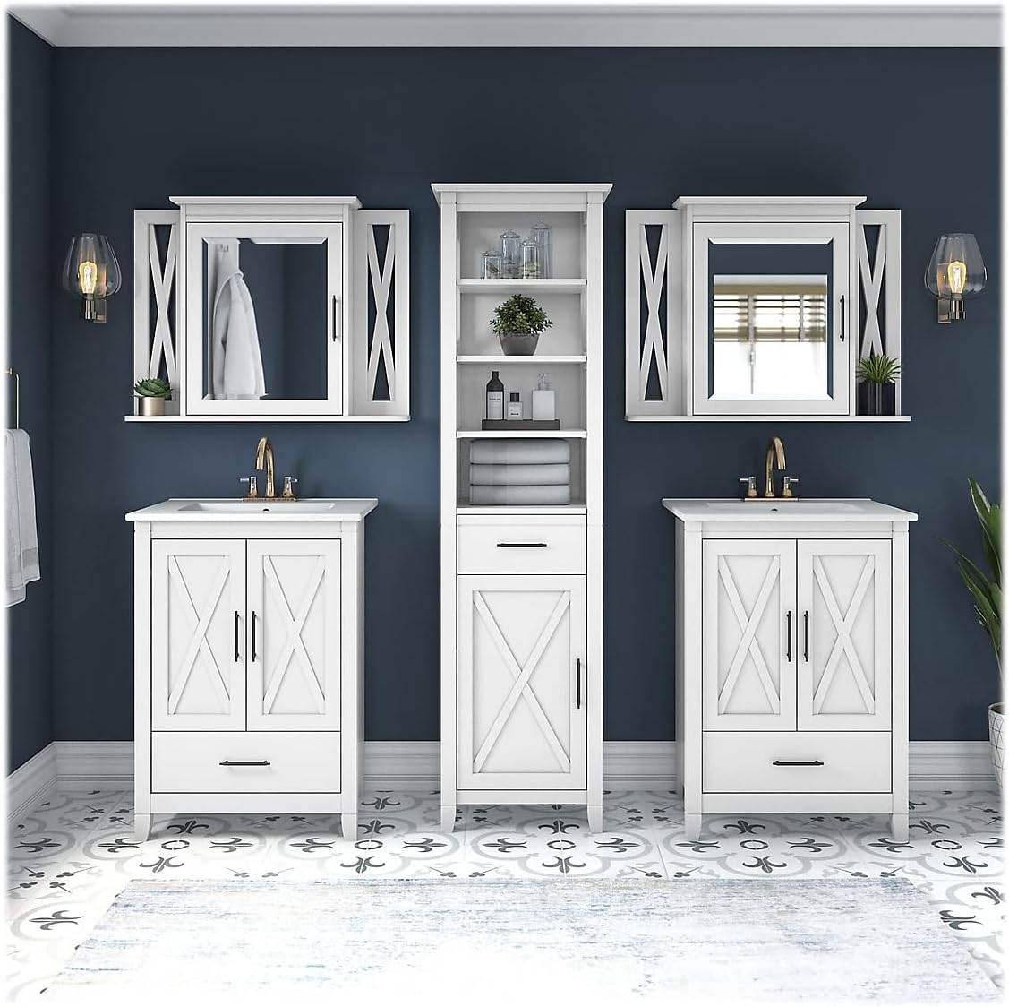 Bush Home Key West 48W Double Vanity Set with Sinks, Medicine Cabinets and Linen Tower in White Ash