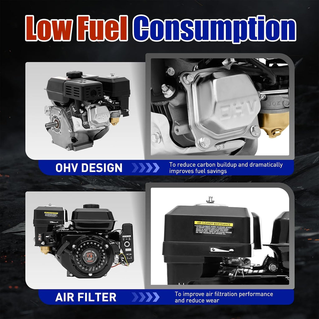 212cc 7.5HP 4 Stroke Gas Engine, 3600RPM Gas Engine with Forced Air Cooling 4-Stroke Electric Start Motor Industrial Grade OHV Gasoline Engine Go Kart Gas Engine Motor for Mowers Garden Tiller