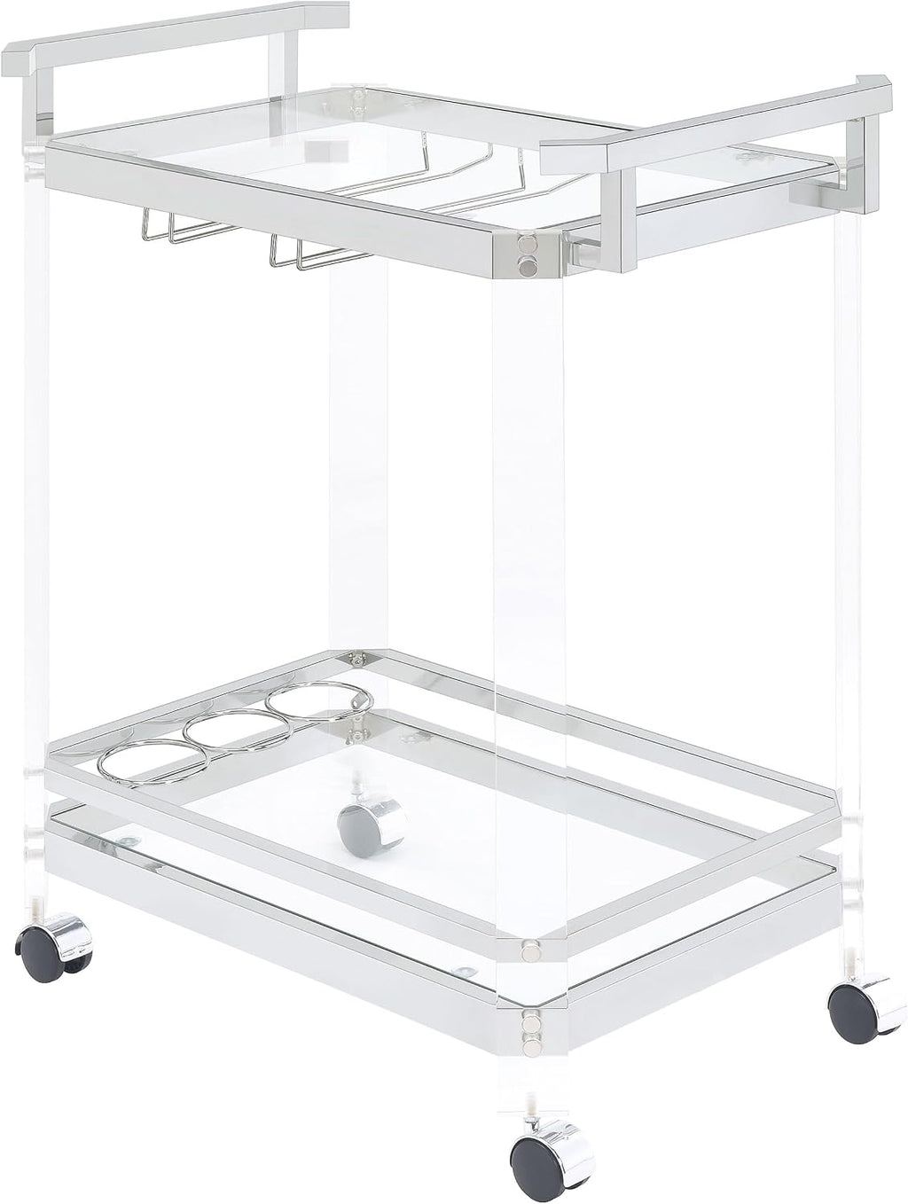 Coaster Home Furnishings - Jefferson - 2-Tier Acrylic & Metal Bar Cart with Wheels - Glass Shelf, Stemware Rack, Wine Bottle Holders - Contemporary - Dining Room - Clear & Chrome - 902589