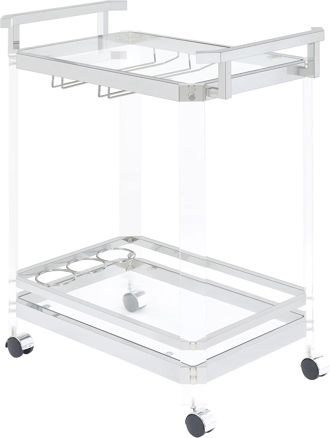 Coaster Home Furnishings - Jefferson - 2-Tier Acrylic & Metal Bar Cart with Wheels - Glass Shelf, Stemware Rack, Wine Bottle Holders - Contemporary - Dining Room - Clear & Chrome - 902589