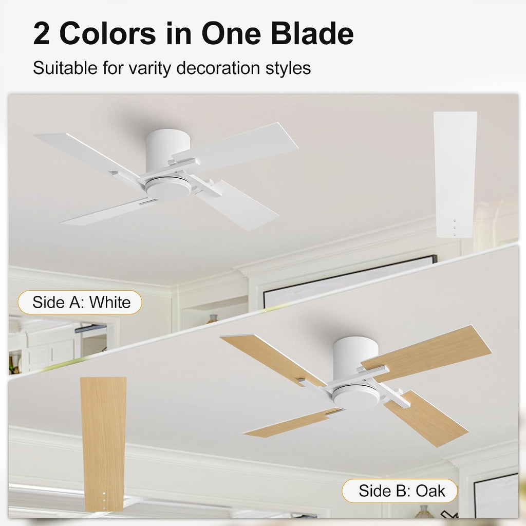 WINGBO 48 Inch Flush Mount Ceiling Fan without Light - 4 Plywood Blades, 6-Speed Reversible DC Motor, Noiseless Low Profile Ceiling Fan No Light for Bedroom Living Room, White and Oak/White