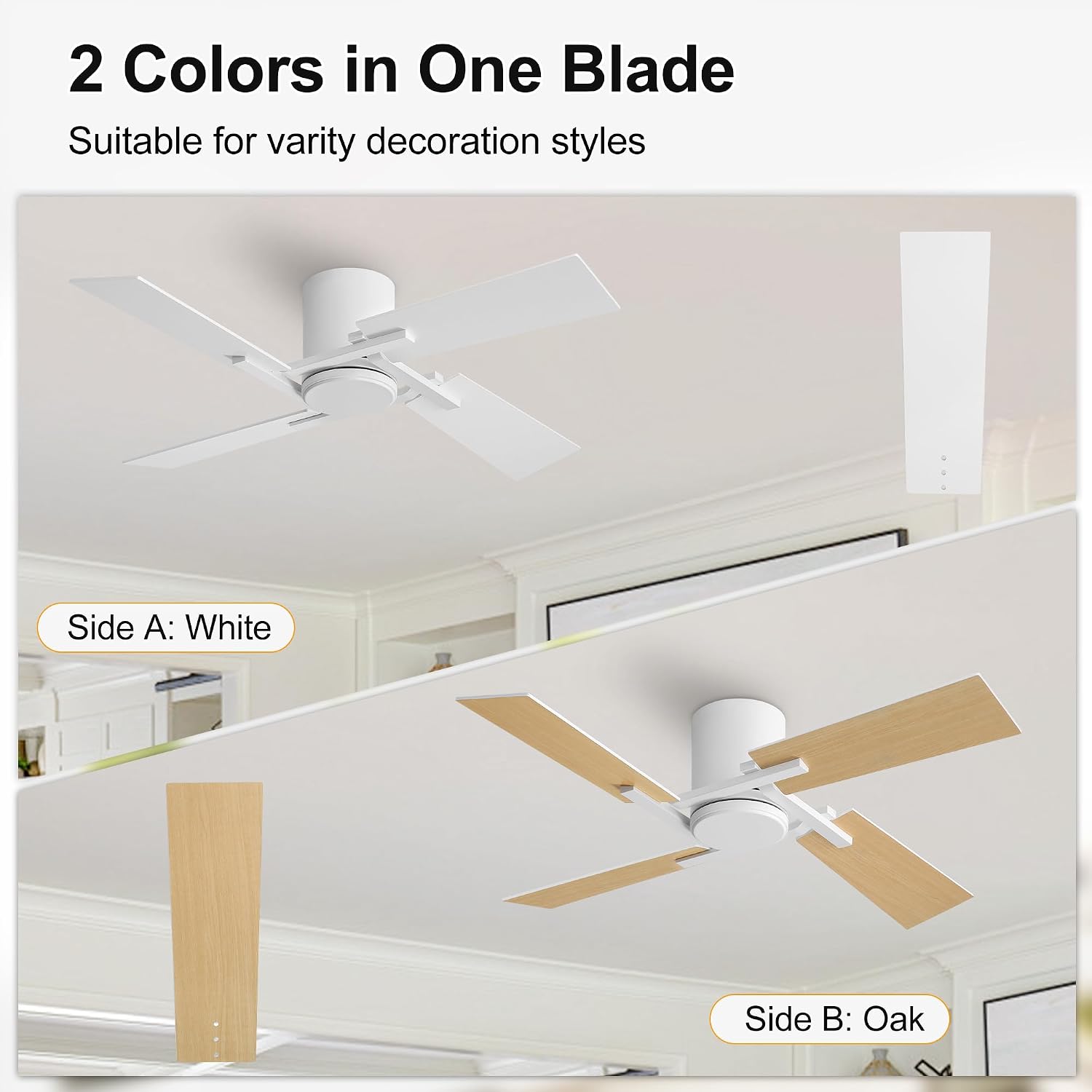 WINGBO 48 Inch Flush Mount Ceiling Fan without Light - 4 Plywood Blades, 6-Speed Reversible DC Motor, Noiseless Low Profile Ceiling Fan No Light for Bedroom Living Room, White and Oak/White
