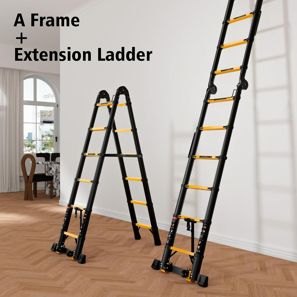 SINMEIRUN 12.5 FT Telescoping A Frame Ladder, 6 Step, Heavy Duty, 330lbs Max Capacity, Aluminum Extension Ladder for Home, Roof, RV; Yellow