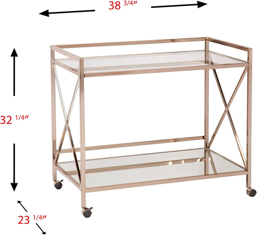 SEI Furniture - Maxton Bar Cart - Gold - Iron Metal & Mirrored Glass - Art Deco Design - Ideal for Living Rooms, Dining Rooms, Home Bars, 38.75'W x 23.3'D x 32.3'H (HZ2041)