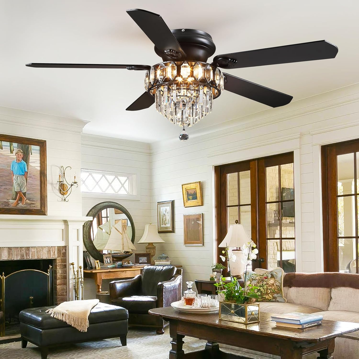 Asyko 52' Low Profile Crystal Ceiling Fan Fandelier with Lights and Remote Control- Retro/Farmhouse Ceiling Fans with Noiseless DC Motor, Flush Mount Ceiling Fan Light for Dining Room,Bedroom