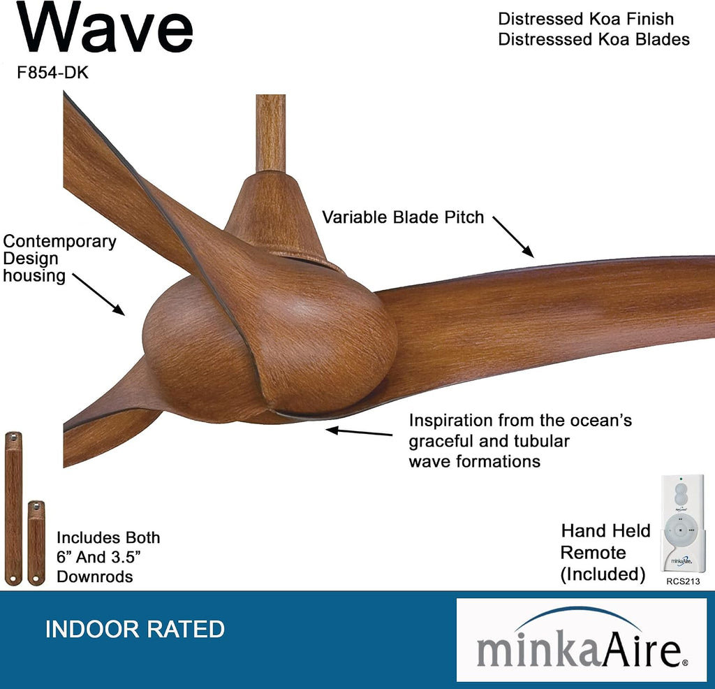 MINKA-AIRE F854-DK Wave 44' Ceiling Fan in Distressed Koa Finish with Remote and Additional 3.5' Downrod