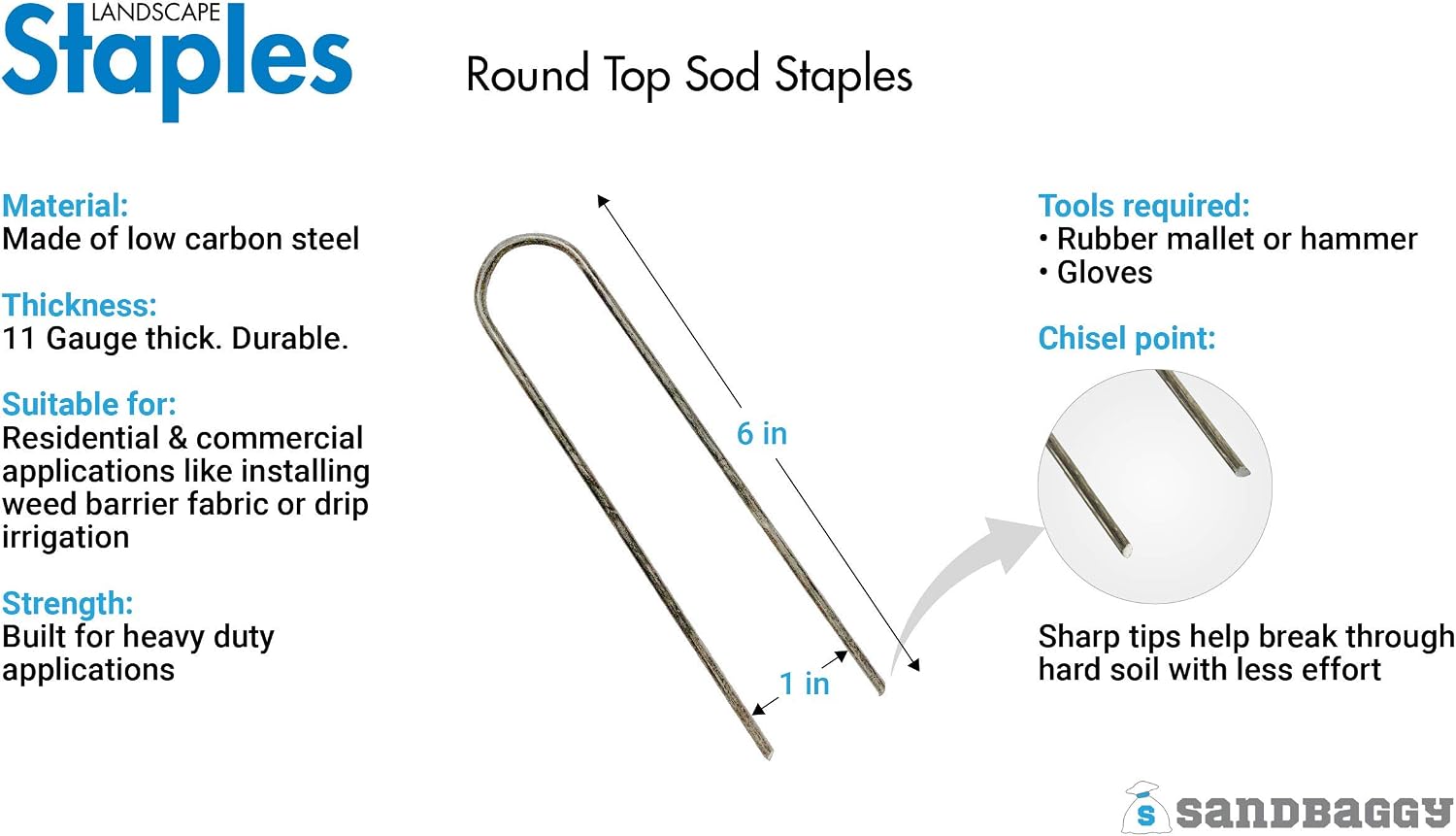 Sandbaggy Galvanized 6 Inch Round Top Landscape Staples ~ SOD Garden Stakes for Drip Irrigation Tubing & PVC Piping - Trusted by Farmers & Contractors Across USA (1,000 Staples)