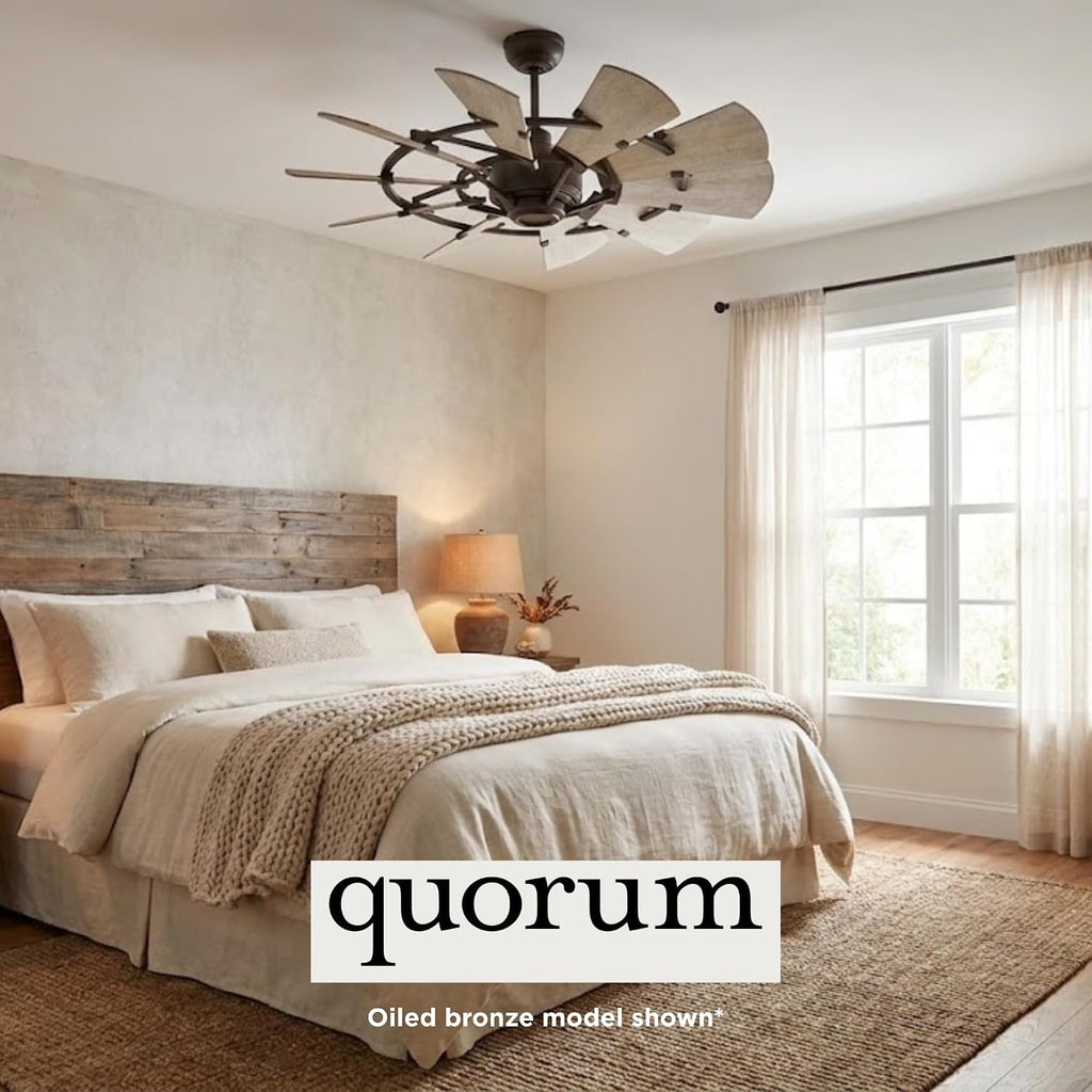 Quorum 194410-9 Windmill 44 Inch Ceiling Fan | 10 Blade Indoor Outdoor Fan | 3 Speed DC Motor | Wall Control Included | Light Kit Adaptable | Galvanized Finish with Weathered Oak Blades