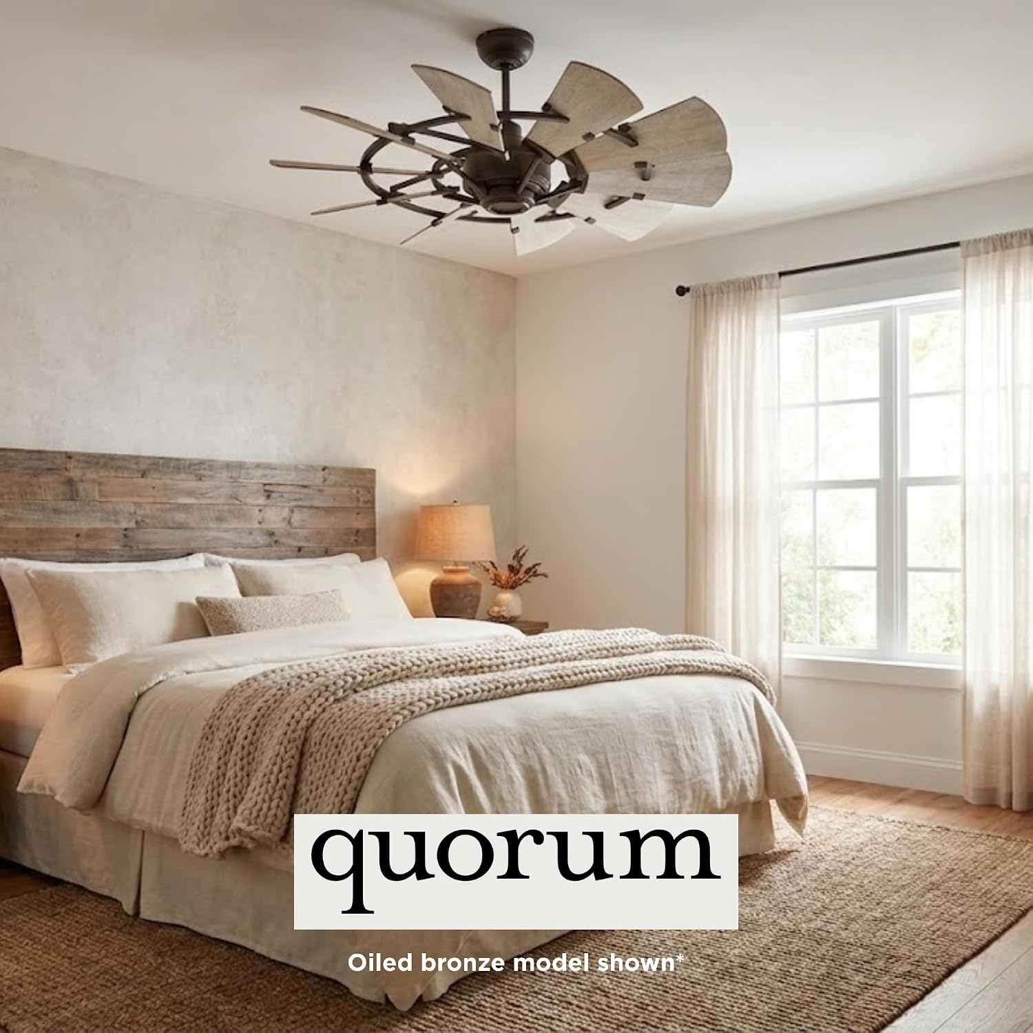 Quorum 194410-9 Windmill 44 Inch Ceiling Fan | 10 Blade Indoor Outdoor Fan | 3 Speed DC Motor | Wall Control Included | Light Kit Adaptable | Galvanized Finish with Weathered Oak Blades