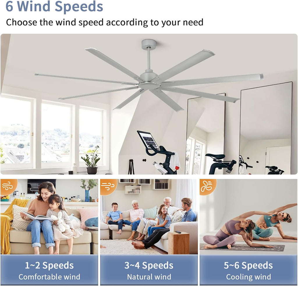 YYEHON 84 inch Large Ceiling Fans No Lights，Industrial Ceiling Fan with 8 Aluminum Blades,3 Downrod，6-Speed Remote Control, Home or Commercial Ceiling Fan for Porch，Garage，Shop