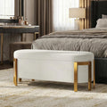 Hyfirm 48' Storage Ottoman Bench – White Chenille Upholstered Footrest with Gold Legs, Long Oval Padded Stool for Bedroom, End of Bed, Living Room, Entryway, Hallway