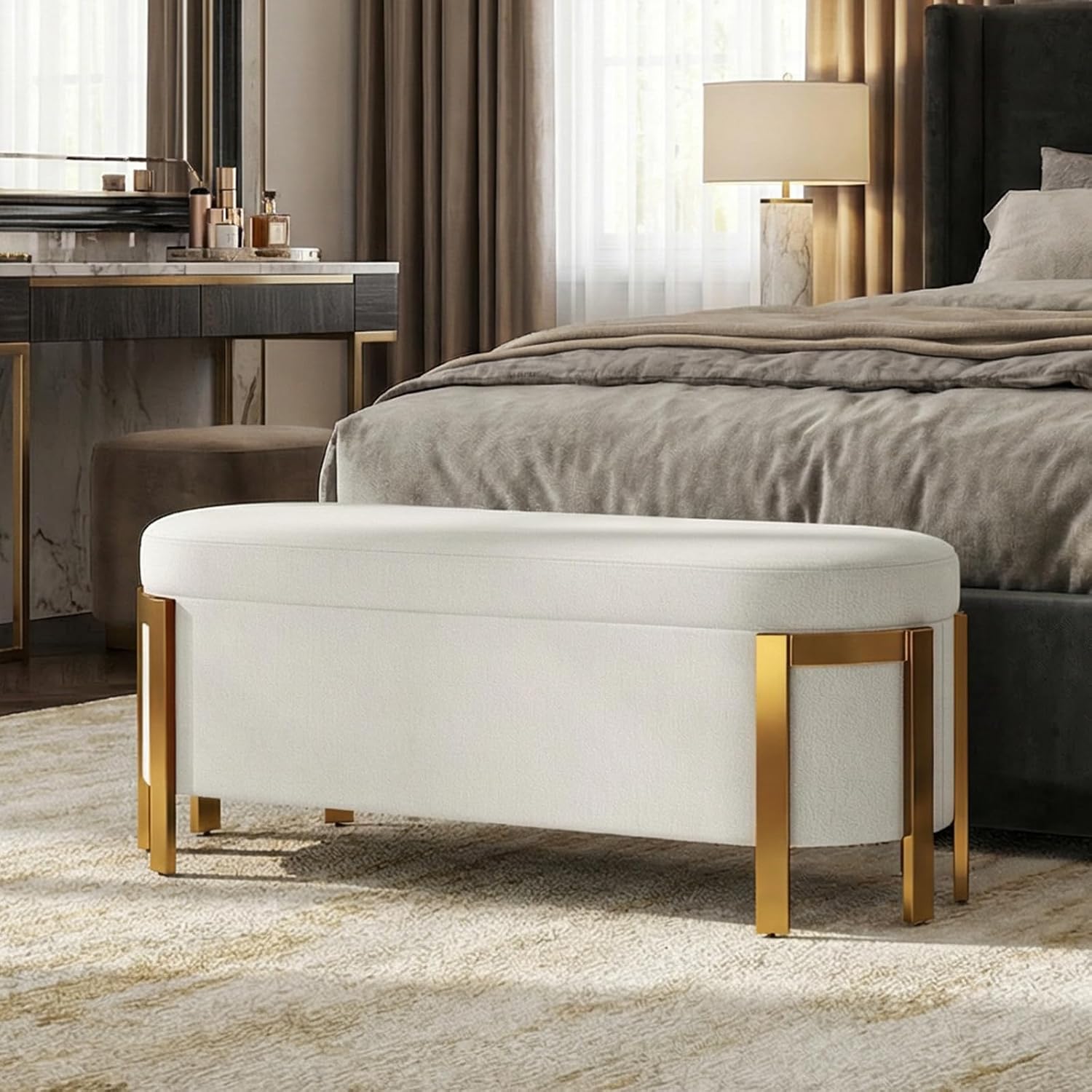 Hyfirm 48' Storage Ottoman Bench – White Chenille Upholstered Footrest with Gold Legs, Long Oval Padded Stool for Bedroom, End of Bed, Living Room, Entryway, Hallway