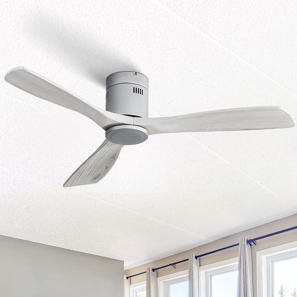 Sofucor 52 Inch Solid Wood Low Profile Flush Mount Ceiling Fan No Light, Outdoor Modern Ceiling Fan without Light 6-Speed, 3-Timer, Reversible DC Motor for Living Room Bedroom