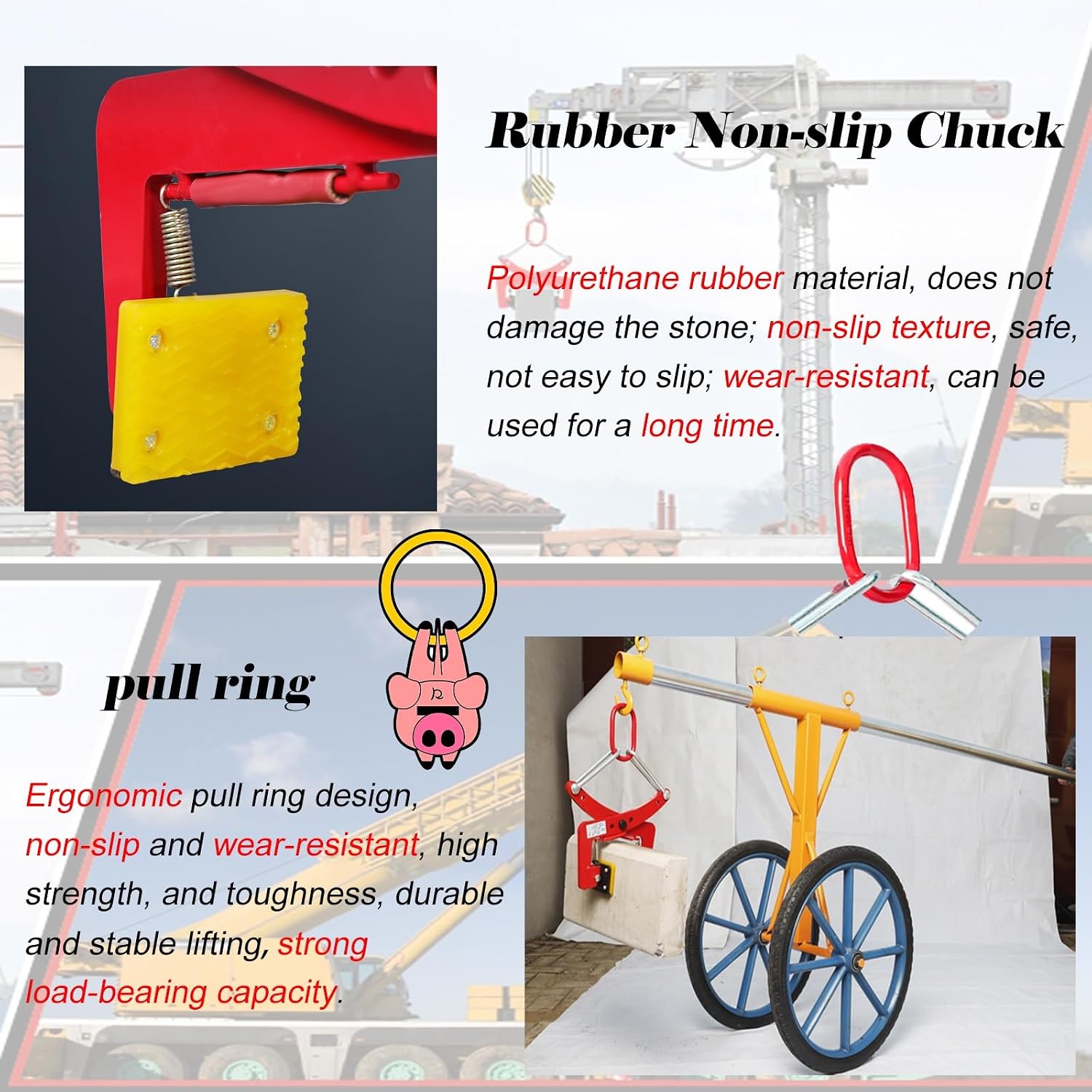 Heavy-Duty Red Stone Lifting Clamps with Rubber Non-Slip Chuck, Adjustable 6-18cm Opening, Ideal for Lifting Granite, Marble, and Hollow Tiles, Plate Vertical Clamp.