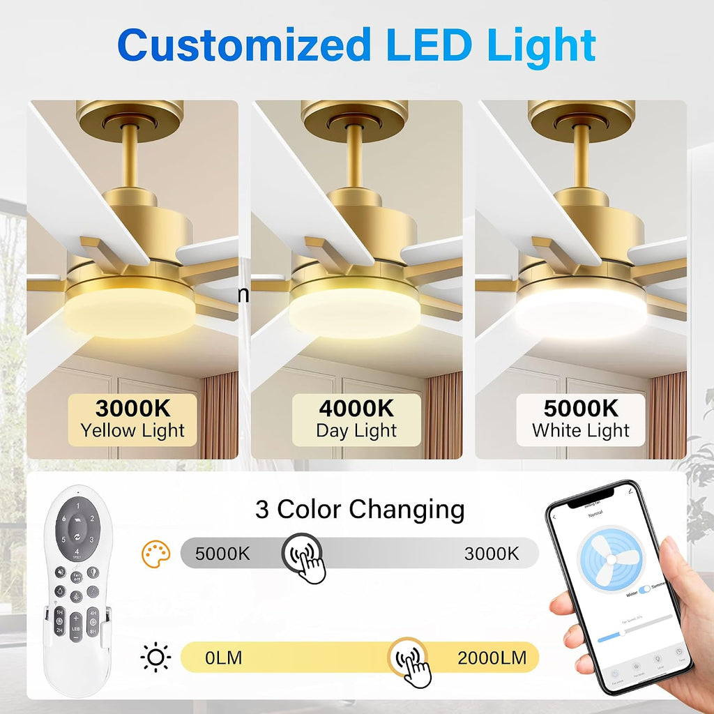 72' Large Smart Ceiling Fan with Lights Remote,Silent DC Motor,Control via Voice Alexa Google App,Outdoor Indoor Ceiling Fans for Large Modern Living Room Patio,Dimmable,5 Blades in Gold White Black