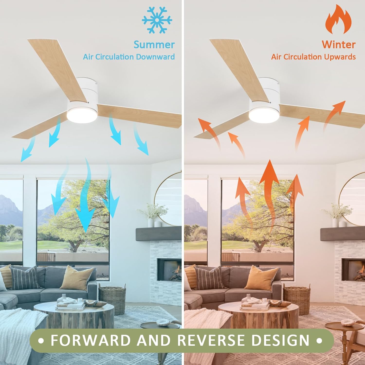 GESUM Flush Mount Ceiling Fan with Lights, 52' Low Profile Ceiling Fans with Remote Control, Dimmable, Quiet DC Motor, Reversible, Outdoor Ceiling Fans for Patios Bedroom Kitchen Porch