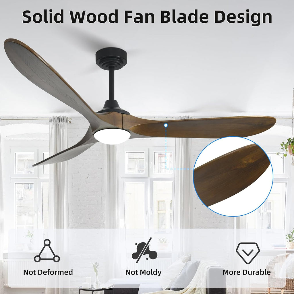 60' Outdoor Ceiling Fan with Light 3 Downrods, Smart Wood Ceiling Fan Compatible with Alexa/Google/App, 3 Blades Modern Walnut Wood Ceiling Fans for Kitchen Living Room Patio,Bronze