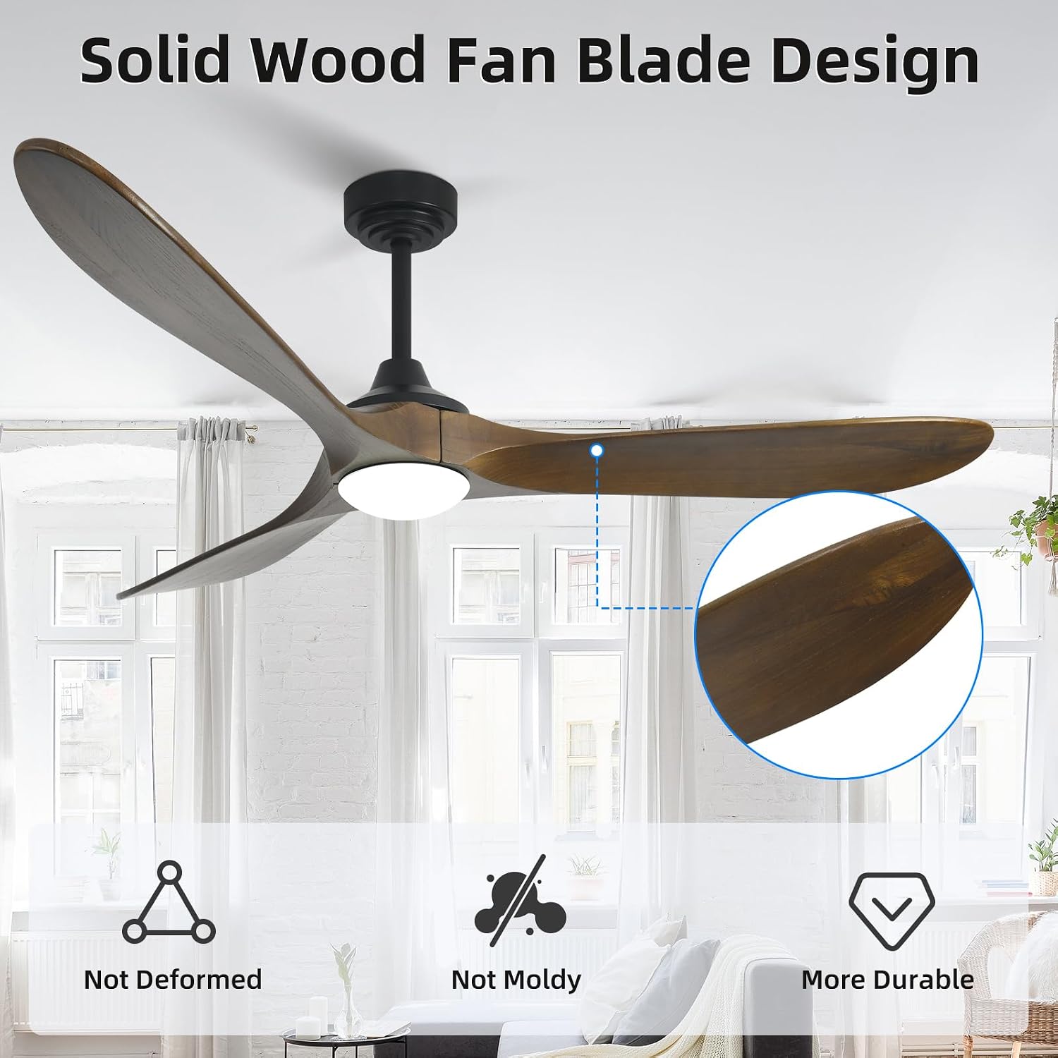 60' Outdoor Ceiling Fan with Light 3 Downrods, Smart Wood Ceiling Fan Compatible with Alexa/Google/App, 3 Blades Modern Walnut Wood Ceiling Fans for Kitchen Living Room Patio,Bronze