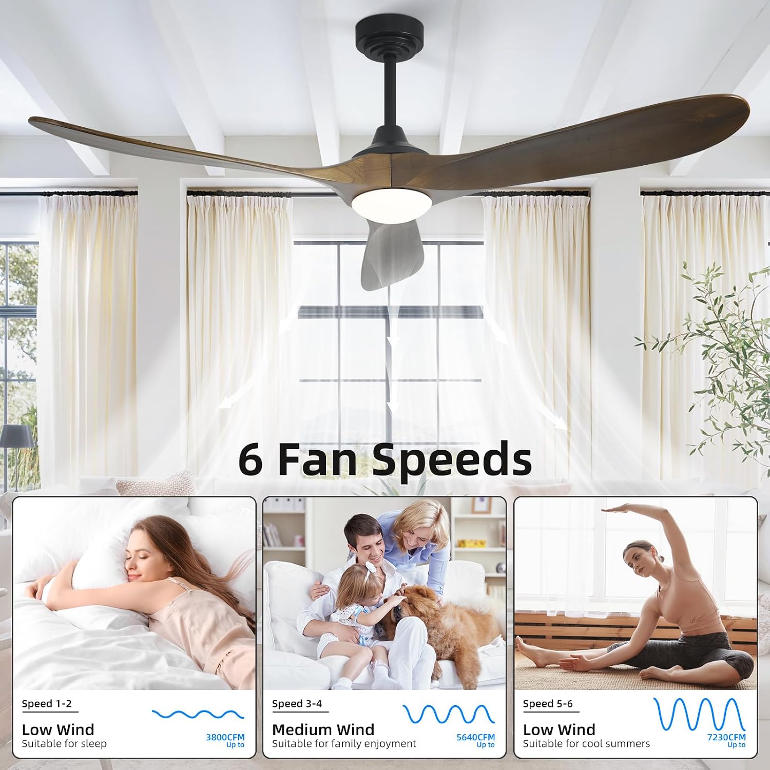 Ceiling Fan with Lights, 72'' Solid Wood Indoor/Outdoor Ceiling Fan with Quiet Reversible DC Motor, Compatible with Alexa/Google/App, 3CCT Dimmable, 6 Speeds Bronze Outdoor Fan for Patio Porch