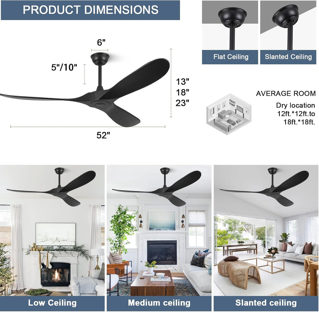 ABZ Ceiling Fans without Lights - 52 Inch Modern Ceiling Fans no Lights with Remote Control, Black 3 Blade Solid Wood Indoor Outdoor Ceiling Fans for Patios Living Room Bedroom