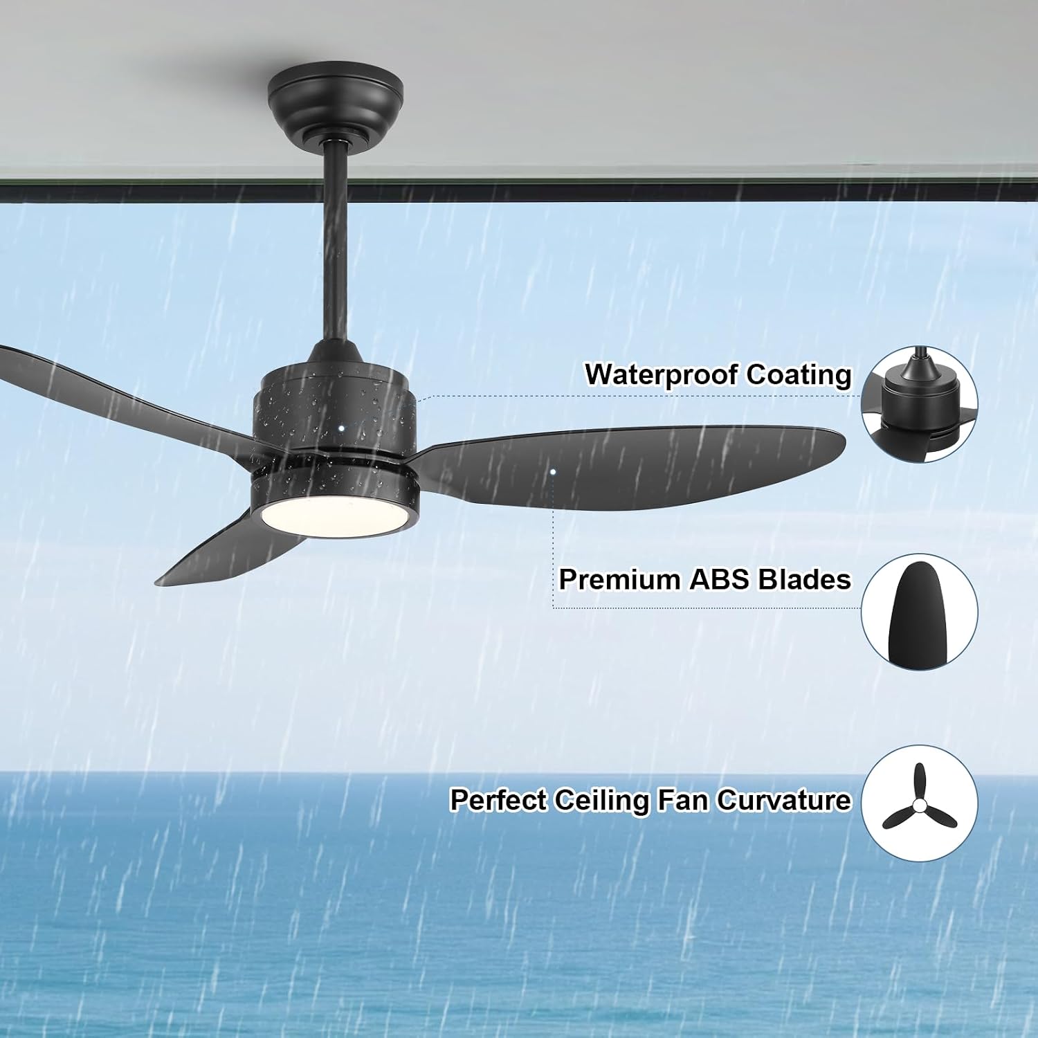 WINGBO 42' Outdoor Ceiling Fans with Lights, Wet Rated Waterproof Indoor Ceiling Fan with Remote, 3 ABS Blades Modern Ceiling Fan,3CCT Quiet 6-Speed DC Motor, for Porch Patios Bathroom, Black