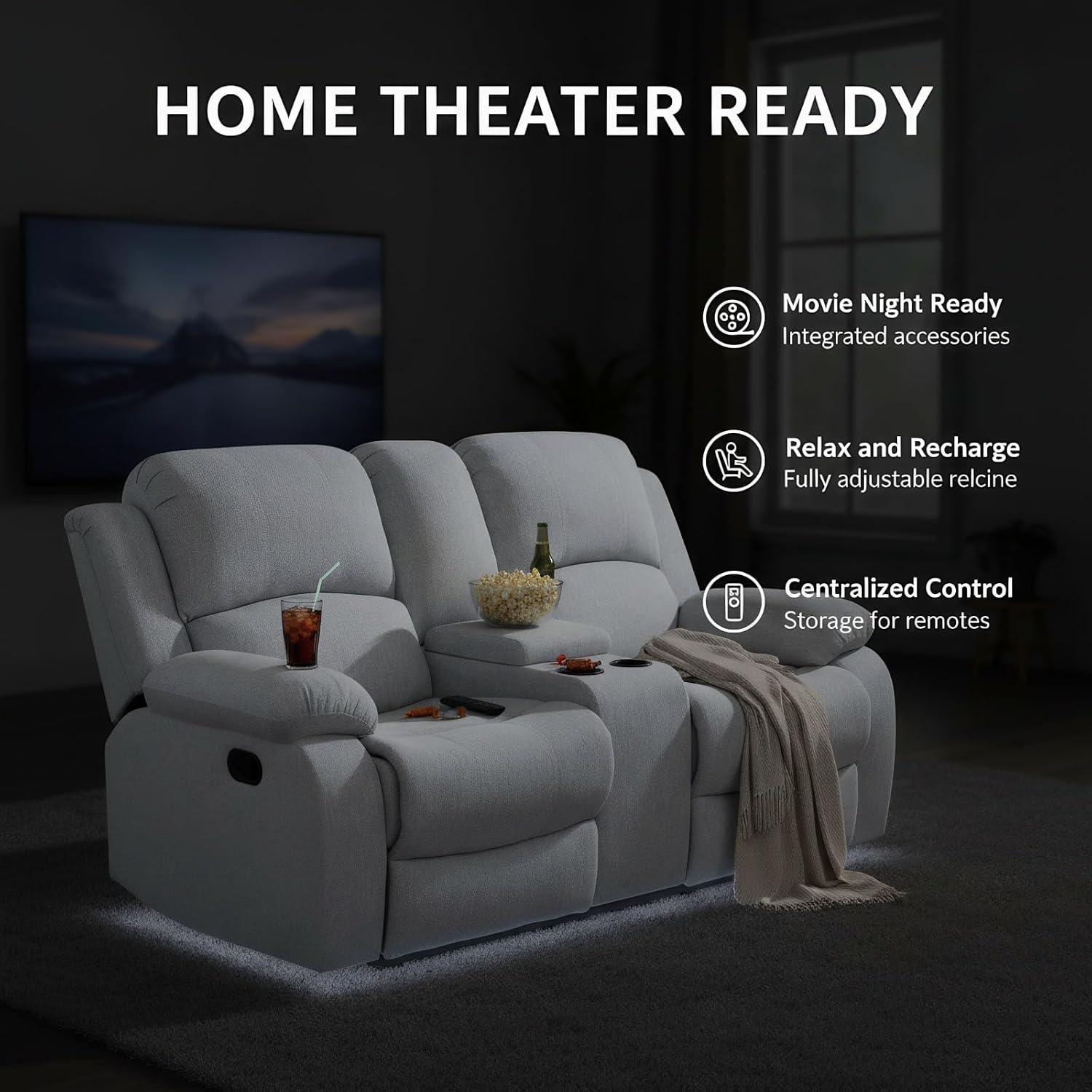 Manual Recliner Sofa Set, Linen Reclining Living Room Furniture Set, Adjustable Backrest Reclining Loveseat Sofa and a 3 Seater Couch Furniture Set for Living Room, Home Theater, White Grey