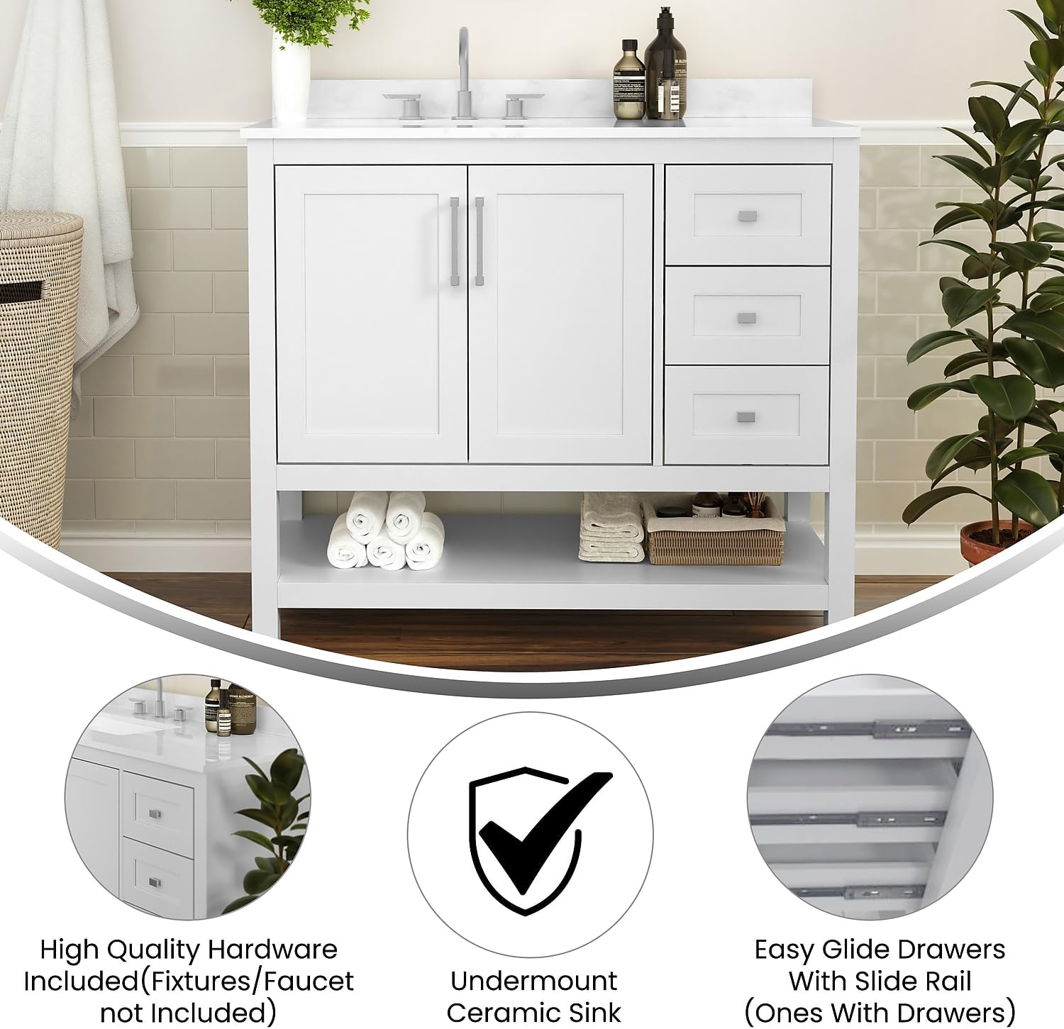 Flash Furniture Vega 42 Inch Bathroom Vanity with Sink, Storage Cabinet with Soft Close Doors, Open Shelf and 3 Drawers, Carrara Marble Finish Countertop, White/White