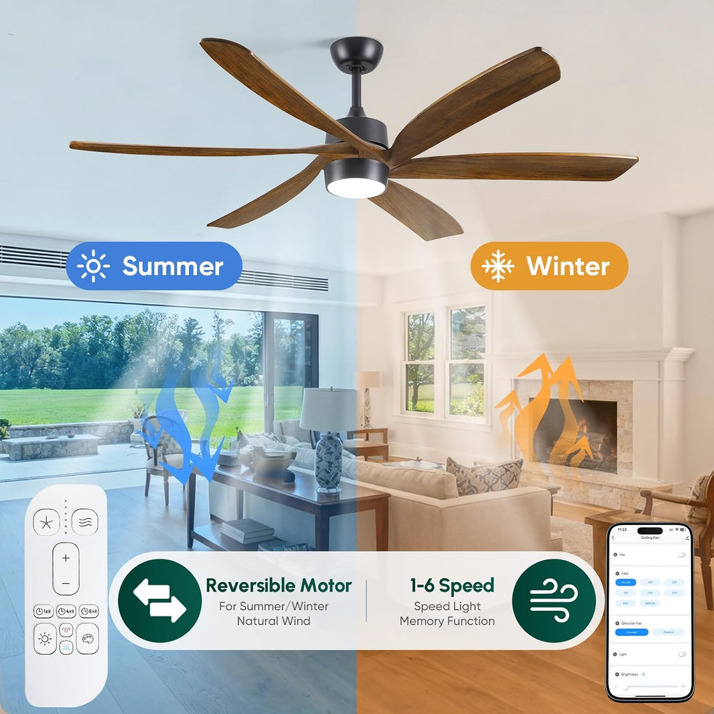 60 Inch Outdoor Smart Ceiling Fan with Light, Alexa/App/Remote Control, Modern Farmhouse Style, High CFM Quiet DC Motor, 6 Solid Wood Blades Damp Rated, for Indoor Living Room Exterior Patio
