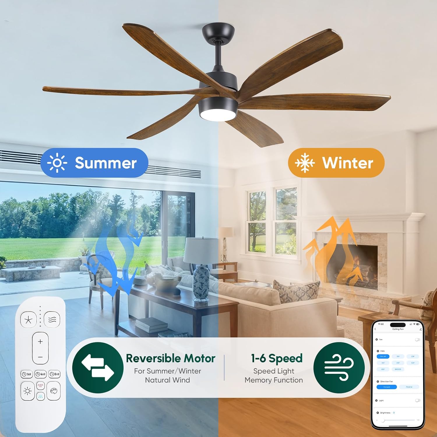 60 Inch Outdoor Smart Ceiling Fan with Light, Alexa/App/Remote Control, Modern Farmhouse Style, High CFM Quiet DC Motor, 6 Solid Wood Blades Damp Rated, for Indoor Living Room Exterior Patio