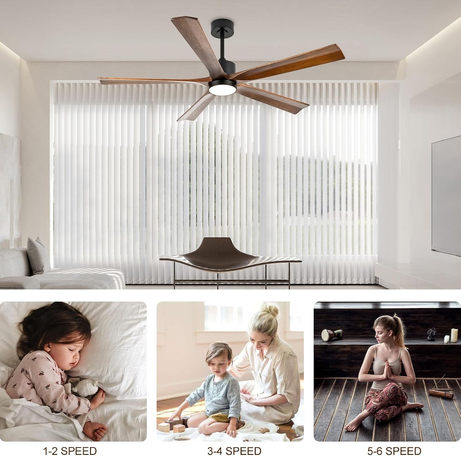 heimo 60 Inch Ceiling Fans with Lights and Remote T2, Wood Indoor Outdoor Ceiling Fan with Light for Patios Living Room Bedroom 5 Blades Large Mid Century Modern Waterproof Outside Fan (Walnut)