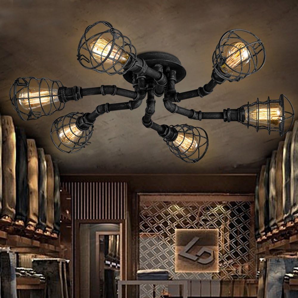 6 Lights Industrial Cage Pipe Pendant Light-LITFAD Retro Rustic Iron Black Metal Vintage Hanging Pendant Lamp Edison Ceiling Chandelier Semi-Flush Fixtures