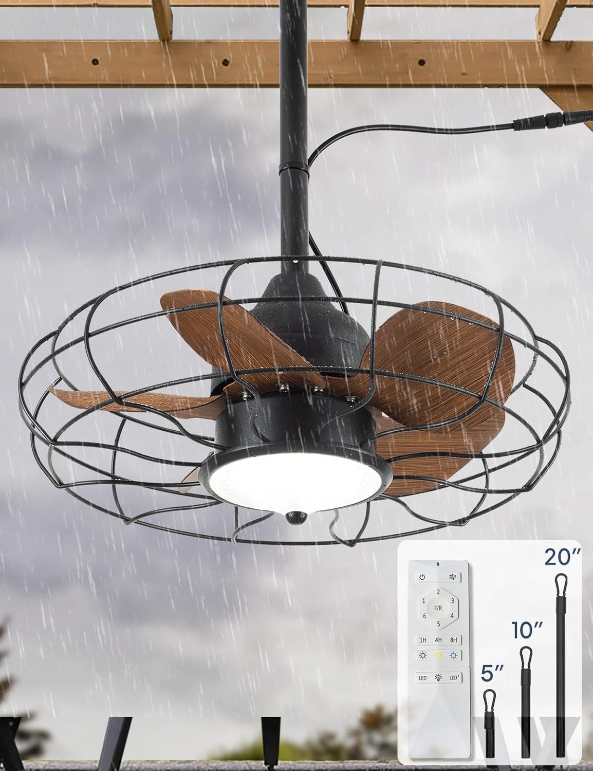 EKIZNSN 20' Outdoor Gazebo Ceiling Fans for Patios Waterproof, Wet Rated Plug in Ceiling Fan with Light, Hook Installation