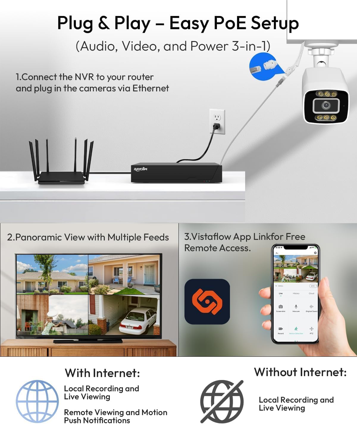 PoE Security Camera System, 6pcs Wired 3MP Outdoor IP Cameras with Color Night Vision, AI Human Detection, Two-Way Audio, 4K 8CH NVR with 3TB HDD for 24-7 Recording, No Monthly Fee (3MP-3TB)